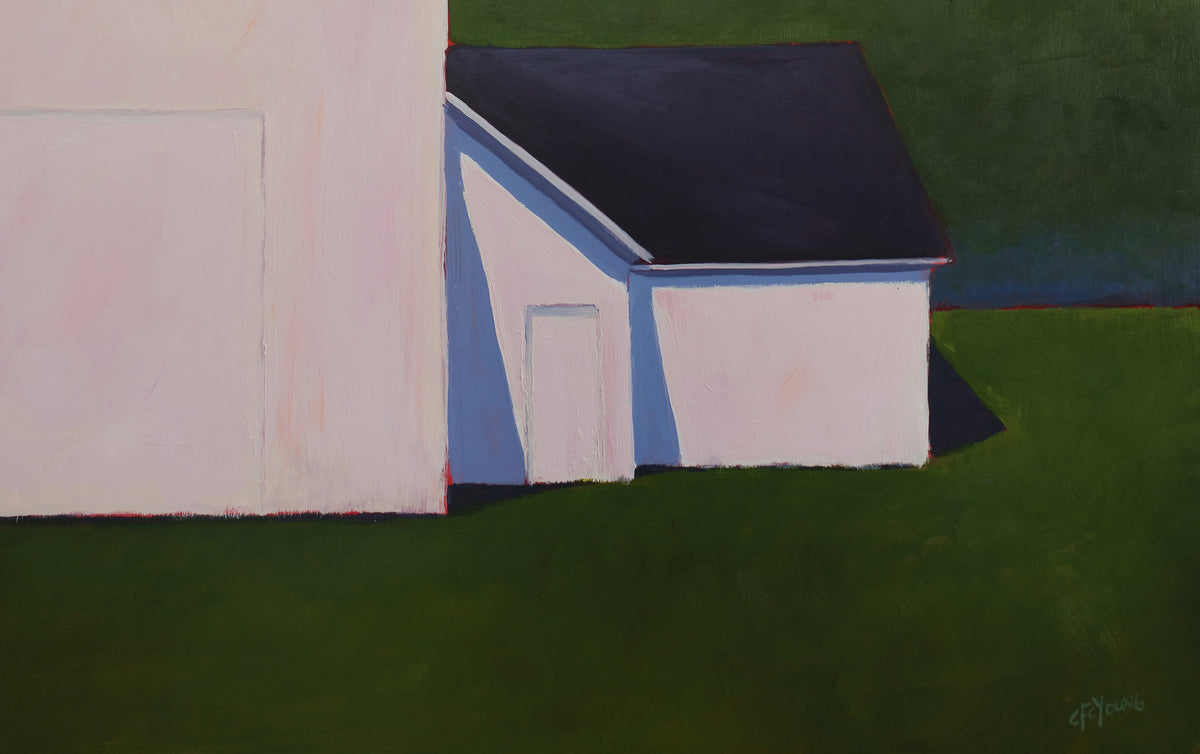 A detail shot of a painting of a white barn with a weather vane in front of a hedge.A detail shot of a painting of a white barn with a weather vane in front of a hedge.