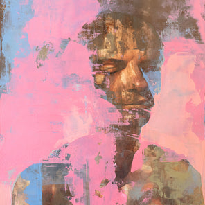 A portrait of a man obscured by pink paint. Wired and ready to hang.