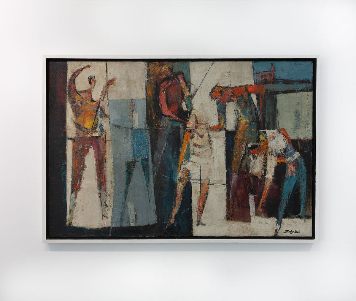 A multicolored abstract figurative painting by Stanley Bate in a white frame hangs on a gallery wall. The painting is wired and ready to hang.