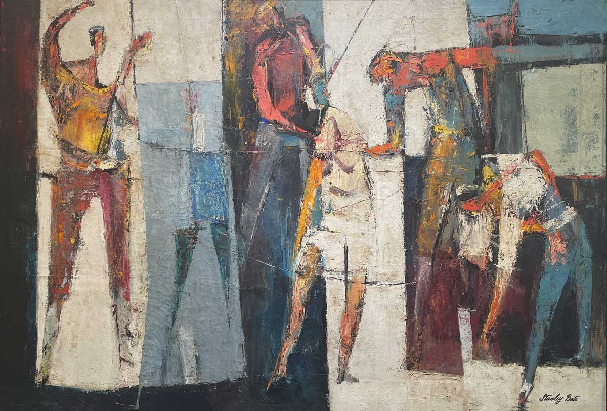 A multicolored abstract figurative painting by Stanley Bate.