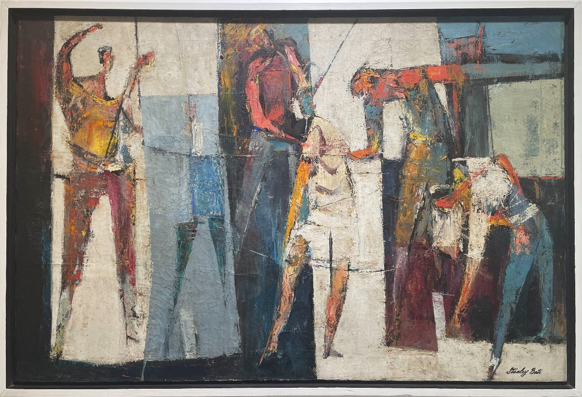 A multicolored abstract figurative painting by Stanley Bate in a white frame.