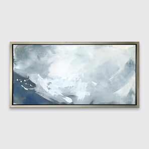 A blue, grey and white abstract print in a silver floater frame hangs on a white wall.