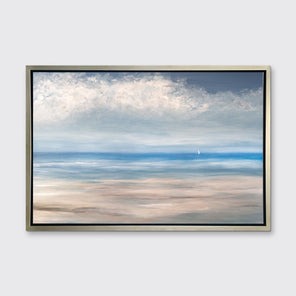 A blue, white and beige seascape print in a silver floater frame hangs on a white wall.