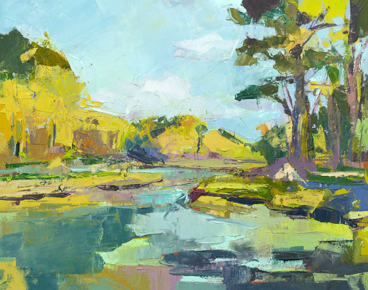 A chartreuse, light blue and green abstract landscape print by Bri Custer.