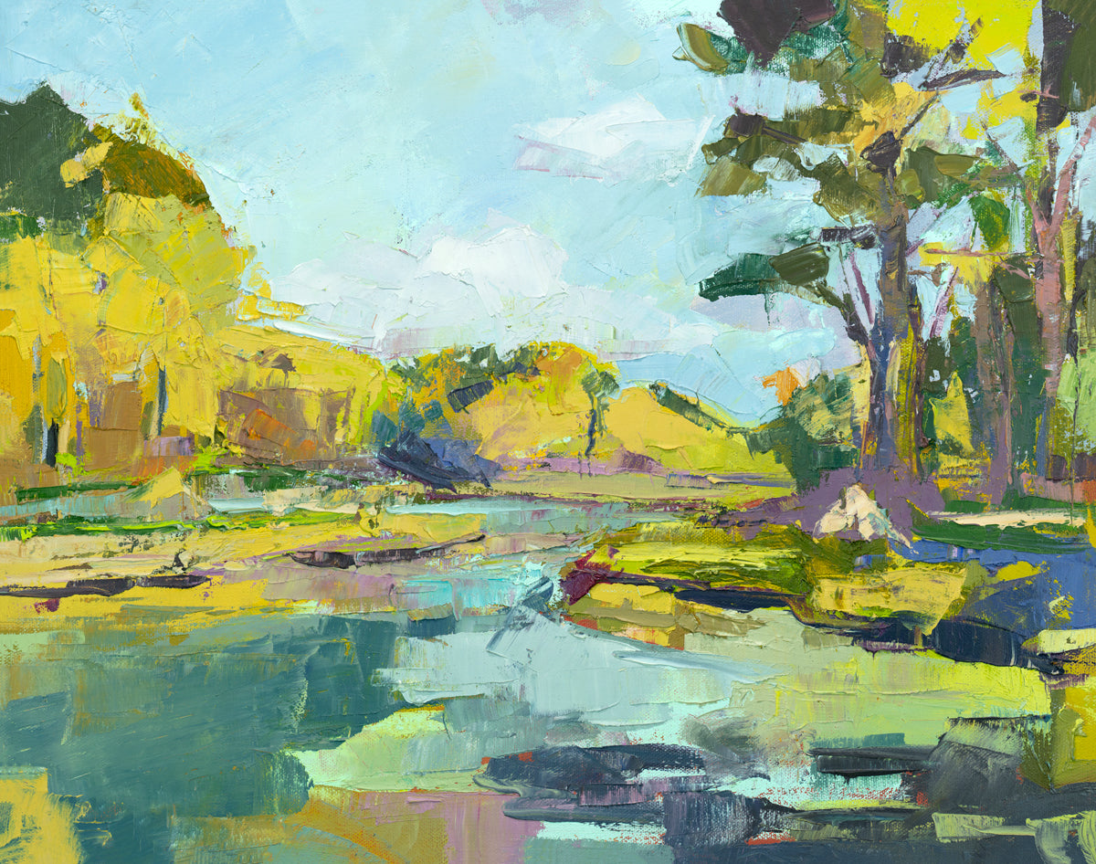 A blue and yellow abstract landscape painting hangs on a white wall.