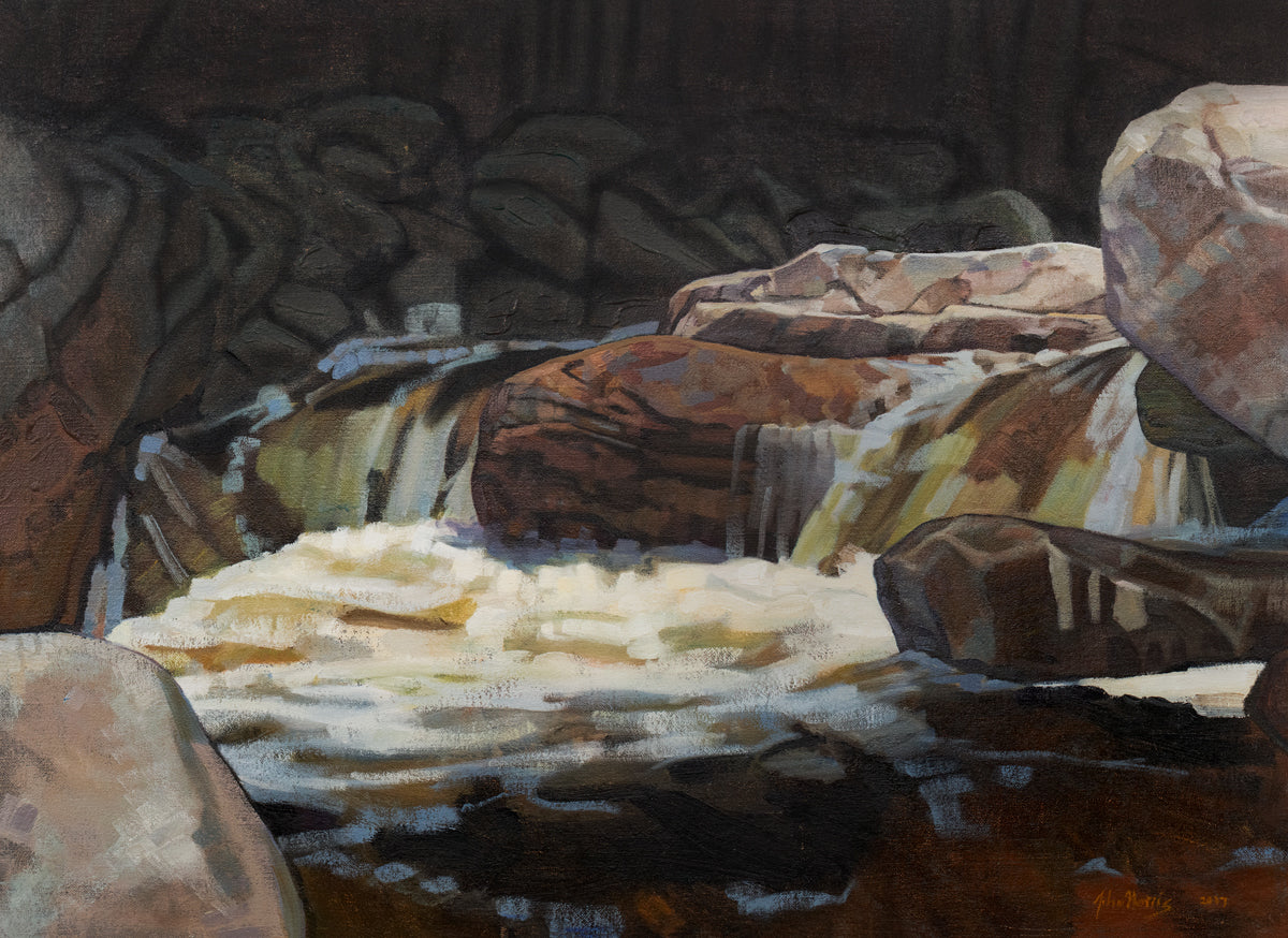 A brown, black and white abstract river landscape print by John Harris.