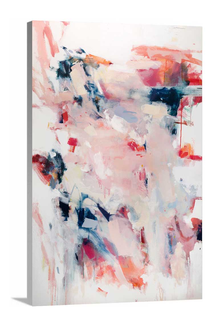 A side-angle view of a pink and white print by Kelly Rossetti on canvas.