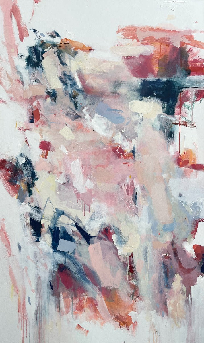 A light pink and white abstract painting by Kelly Rossetti with dark blue and red accents.