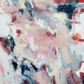 A light pink and white abstract painting by Kelly Rossetti with dark blue and red accents.
