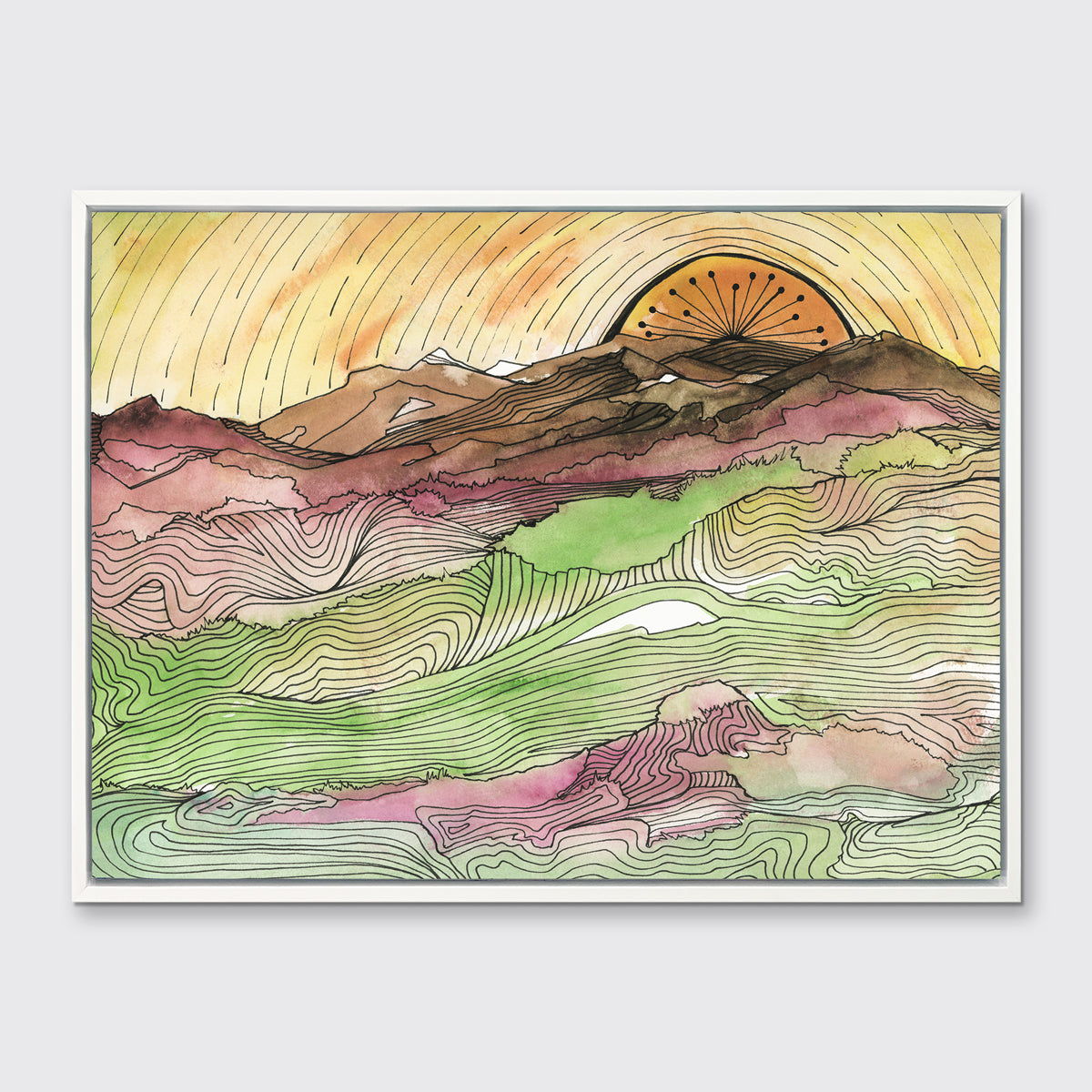 A yellow, brown, green and dark rose abstract landscape print with black outlines in a white floater frame hangs on a white wall.