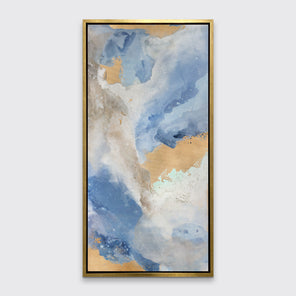 A blue, gold and white abstract print by Julia Contacessi in a gold floater frame hangs on a white wall.