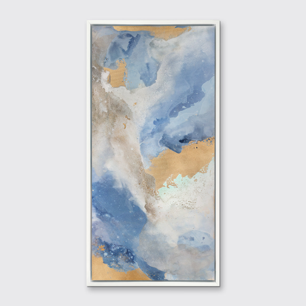 A blue, gold and white abstract print in a white floater frame hangs on a white wall.