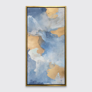 A blue, gold and white abstract print by Julia Contacessi in a gold floater frame hangs on a white wall.