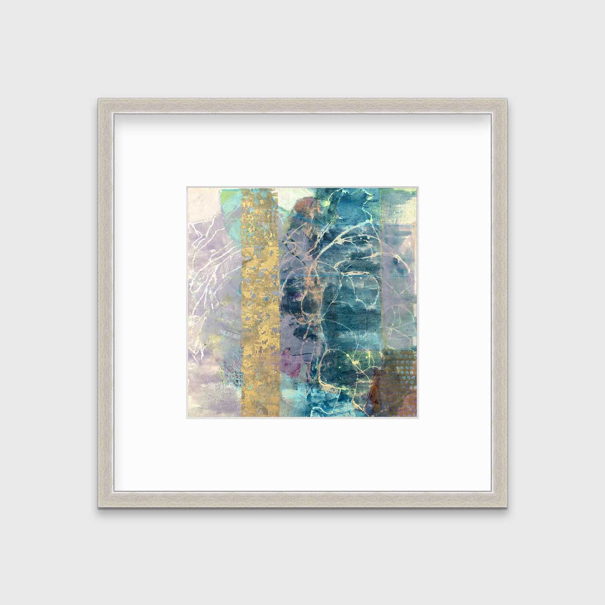A blue, purple and gold abstract print in a silver frame with a mat hangs on a white wall.