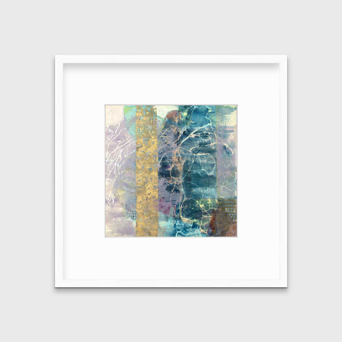 A blue, purple and gold abstract print in a white frame with a mat hangs on a white wall.