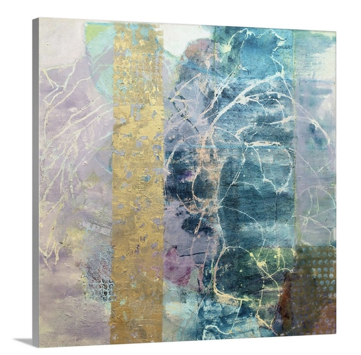 A side-angle view of a blue, purple and gold abstract print on canvas.