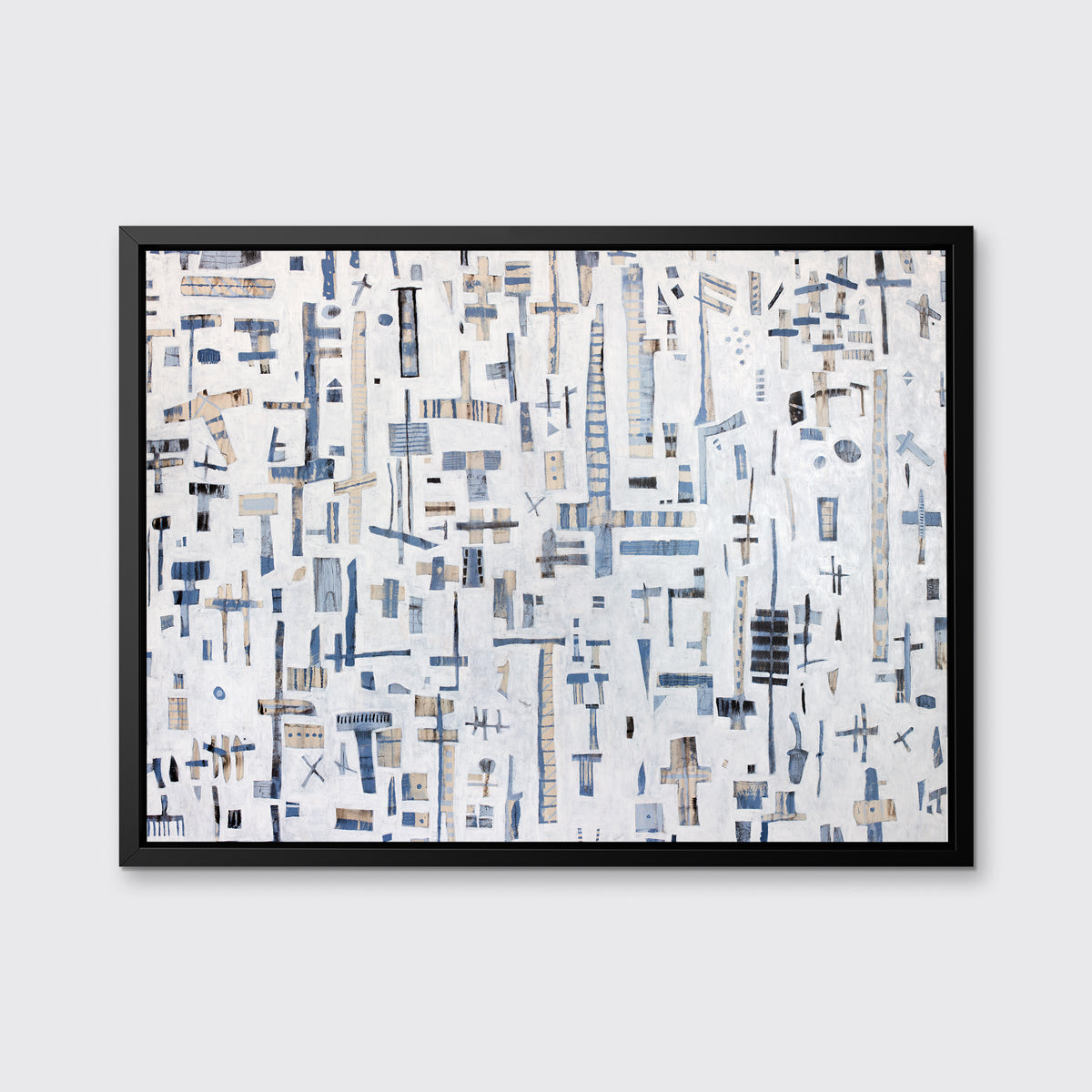 A white, light blue and beige abstract print in a black floater frame hangs on a white wall.