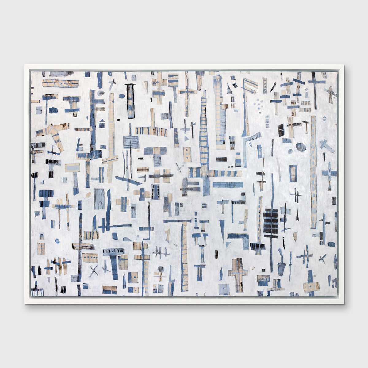 A white, light blue and beige abstract print in a white floater frame hangs on a white wall.