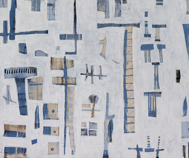 Detail of Flight to Nowhere painting, with white and cream-colored shapes on a textured white background. 