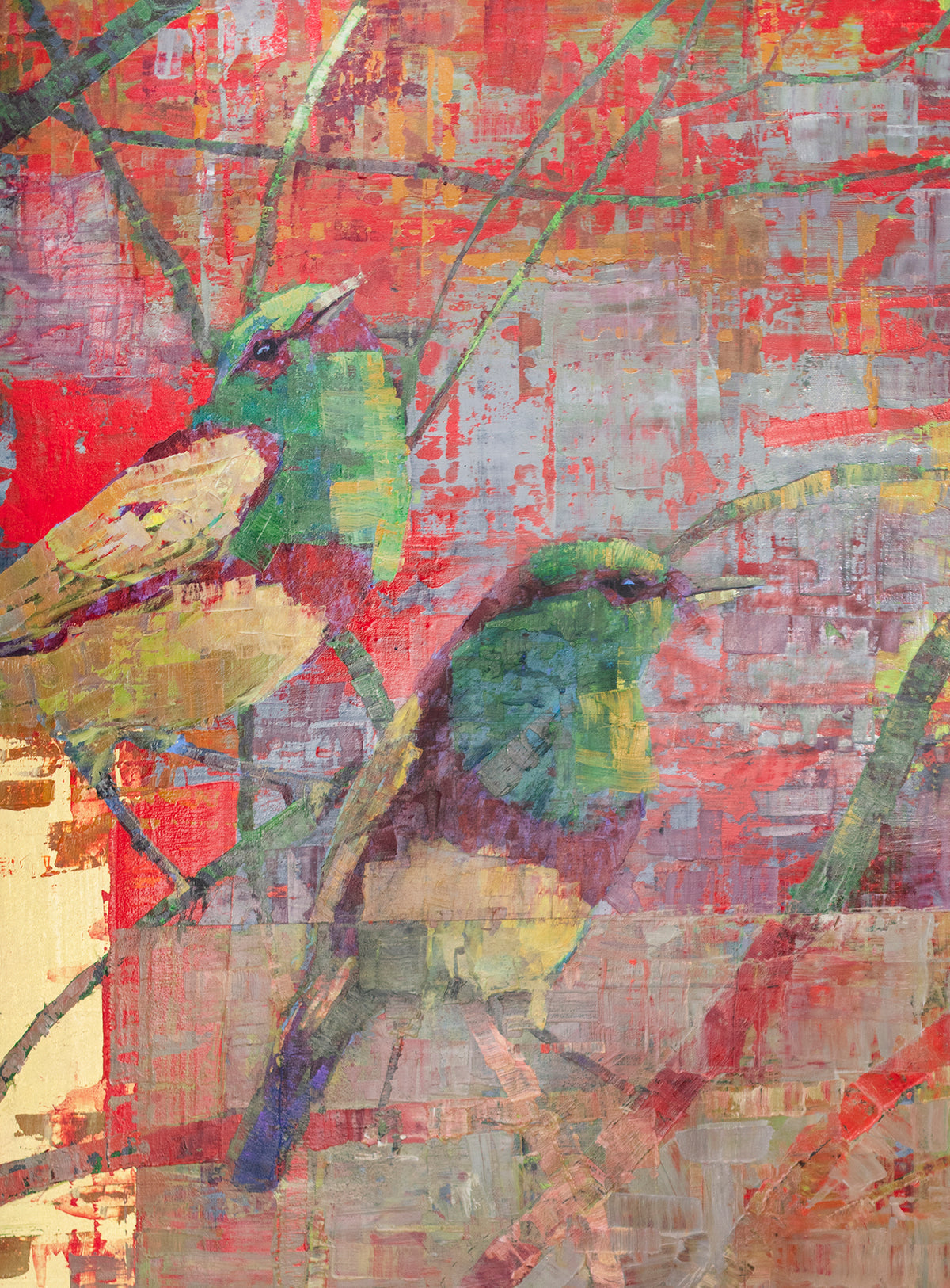 A detail shot of a painting depicting songbirds on a red and gold background.