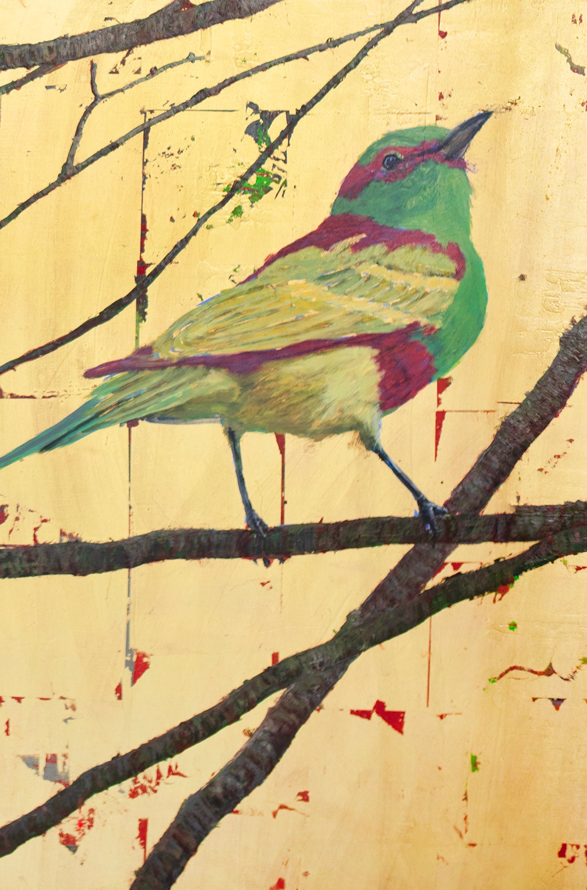 A detail shot of a painting depicting songbirds on a red and gold background.