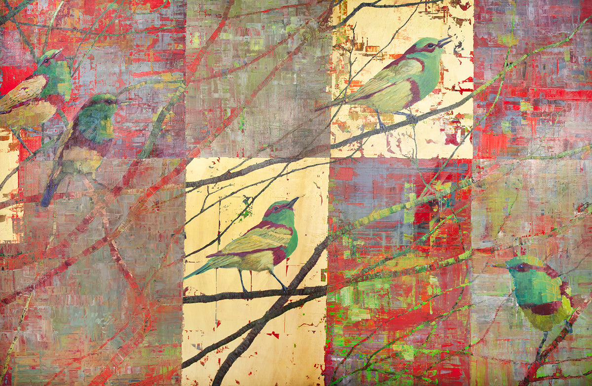A red, gold and green geometric abstract print of birds in a tree by Ned Martin.