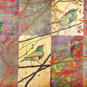 A painting depicting songbirds on a red and gold background.