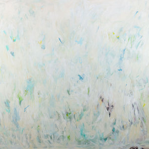 An abstract painting with beige brushstrokes concealing blue and green undertones. Wired and ready to hang.