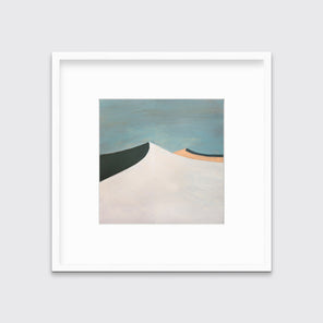 A blue, white, peach and dark teal abstract landscape print in a white frame with a mat hangs on a white wall.