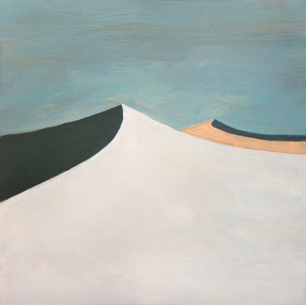 A blue, white, peach and dark teal abstract landscape print by Alina B.