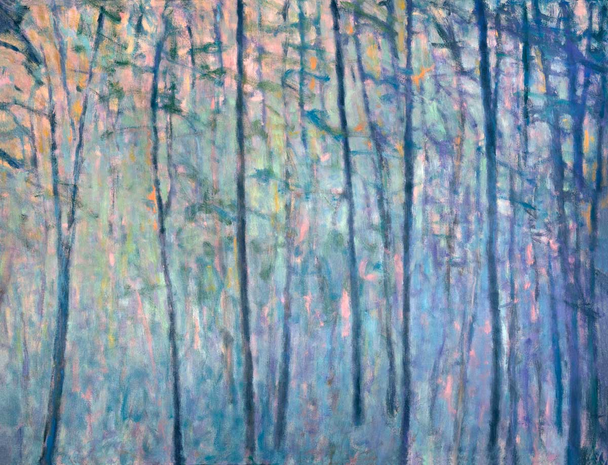 A blue and purple abstract tree landscape print with green, pink and orange accents.