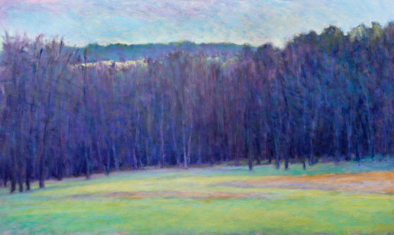 A blue, purple, light green and light orange impressionistic landscape print by Ken Elliott.