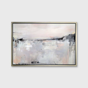 A light pink, black, grey and white abstract print in a silver floater frame hangs on a white wall.