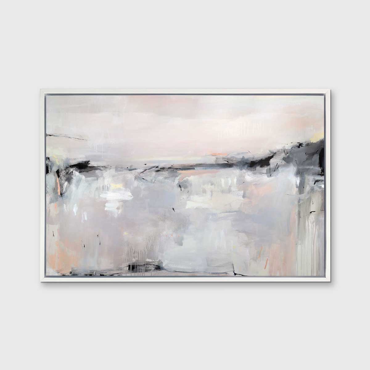 A light pink, black, grey and white abstract print in a white floater frame hangs on a white wall.