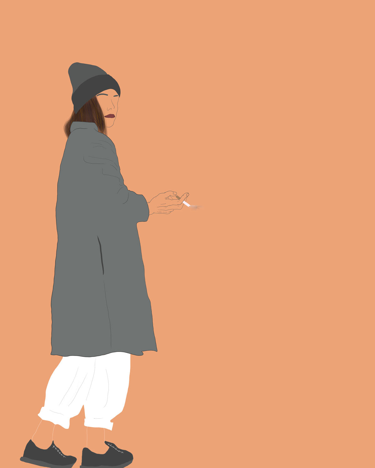 Art print of an illustrated woman wearing grey hat and coat, white pants, and grey sneakers, holding a cigarette with flat orange background.