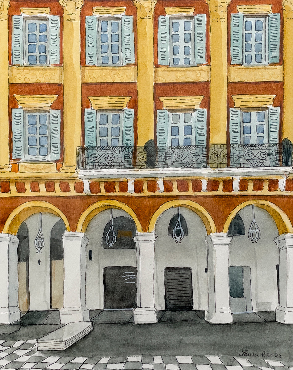A watercolor painting of a building. 
