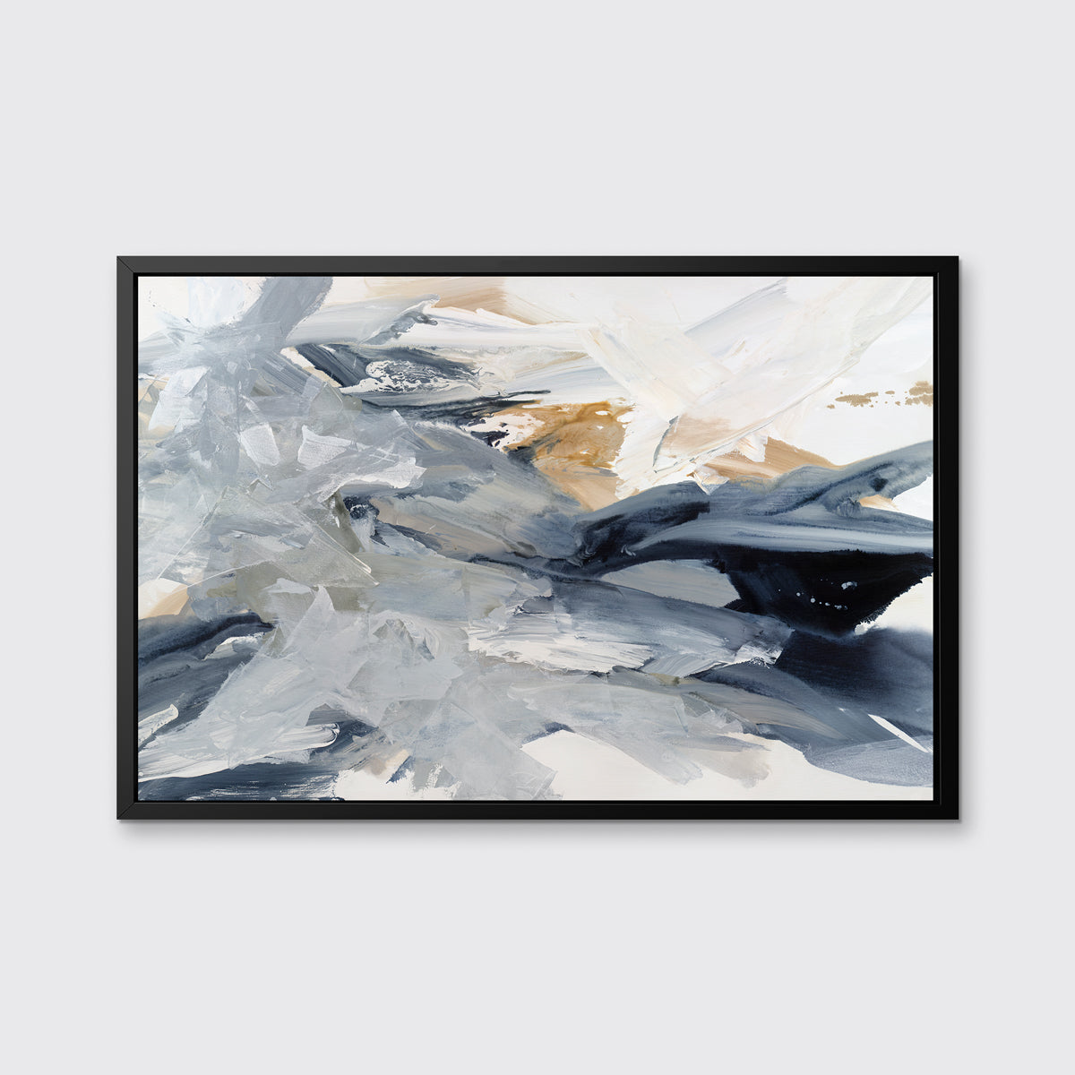 A grey, blue, gold and white abstract print in a black floater frame hangs on a white wall.