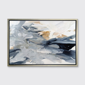 A grey, blue, gold and white abstract print in a silver floater frame hangs on a white wall.
