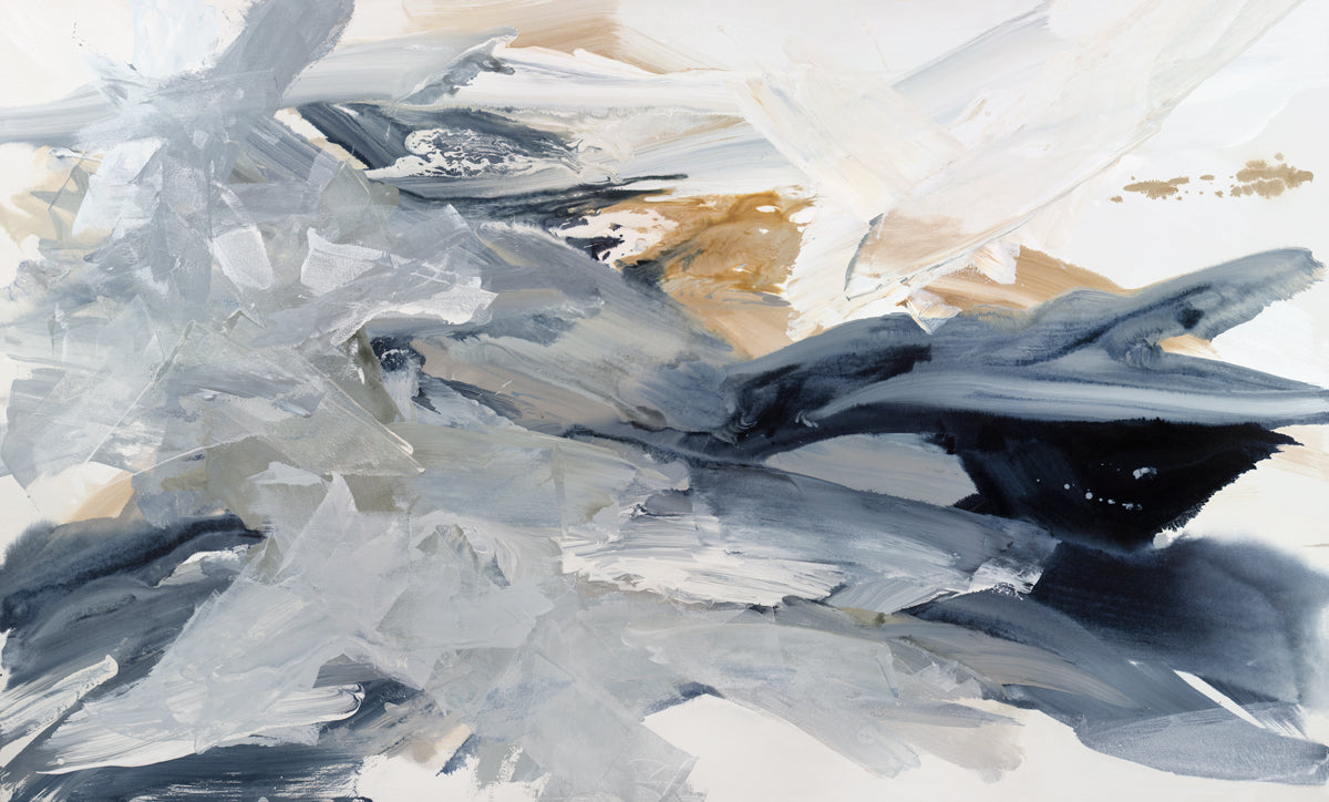 A grey, blue, gold and white abstract print by Teodora Guererra.