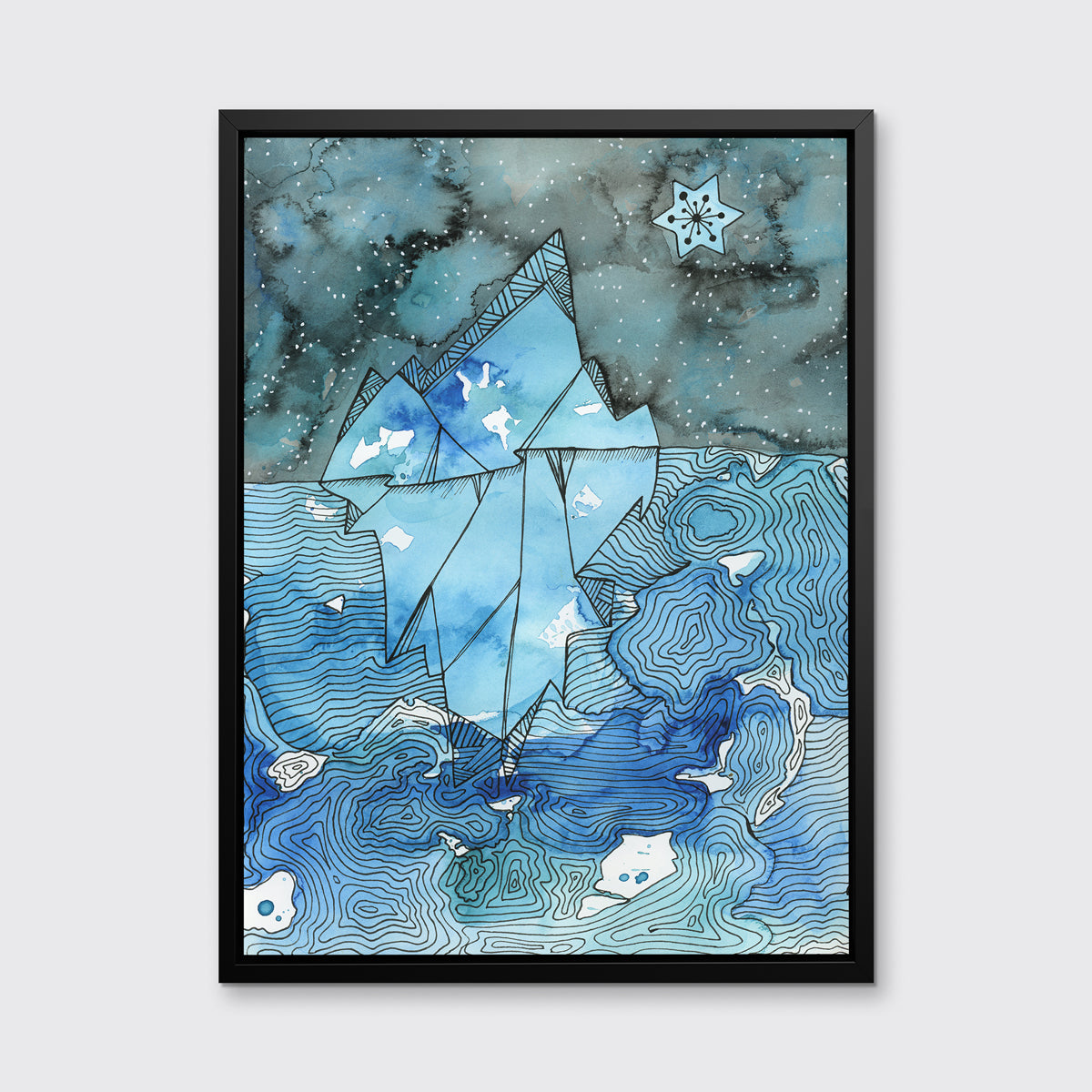 A blue illustration print framed in a black floater frame hangs on a light grey wall.