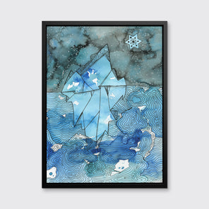 A blue illustration print framed in a black floater frame hangs on a light grey wall.