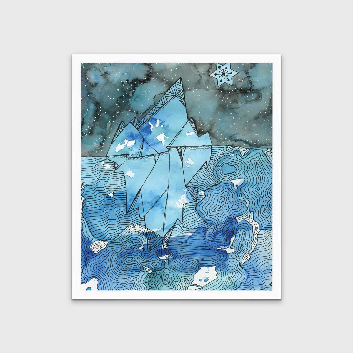 A blue abstract glacier illustration print in an unmatted white frame hangs on a white wall.