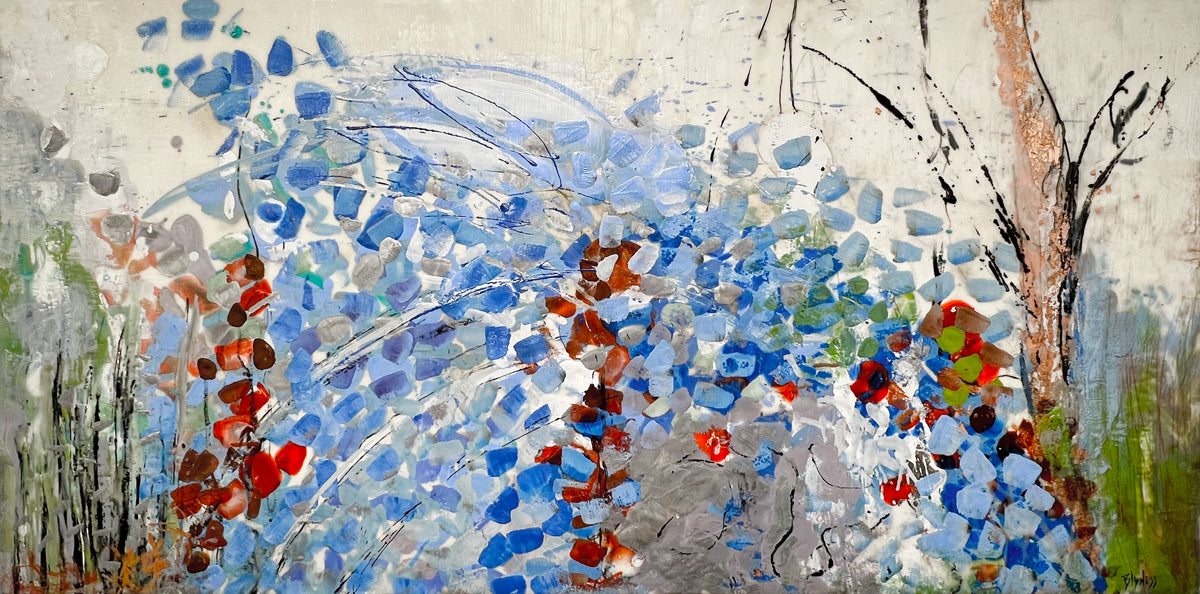 An encaustic painting with expressionistic floral motifs in red and blue. Wired and ready to hang.