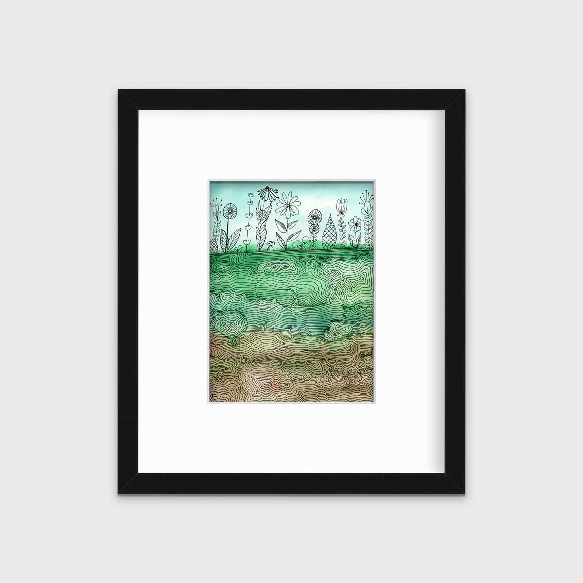 A green, light blue and brown botanical illustration print in a black frame with a mat hangs on a white wall.
