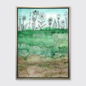 A green and brown botanical illustration print framed in a gold floater frame hangs on a grey wall.