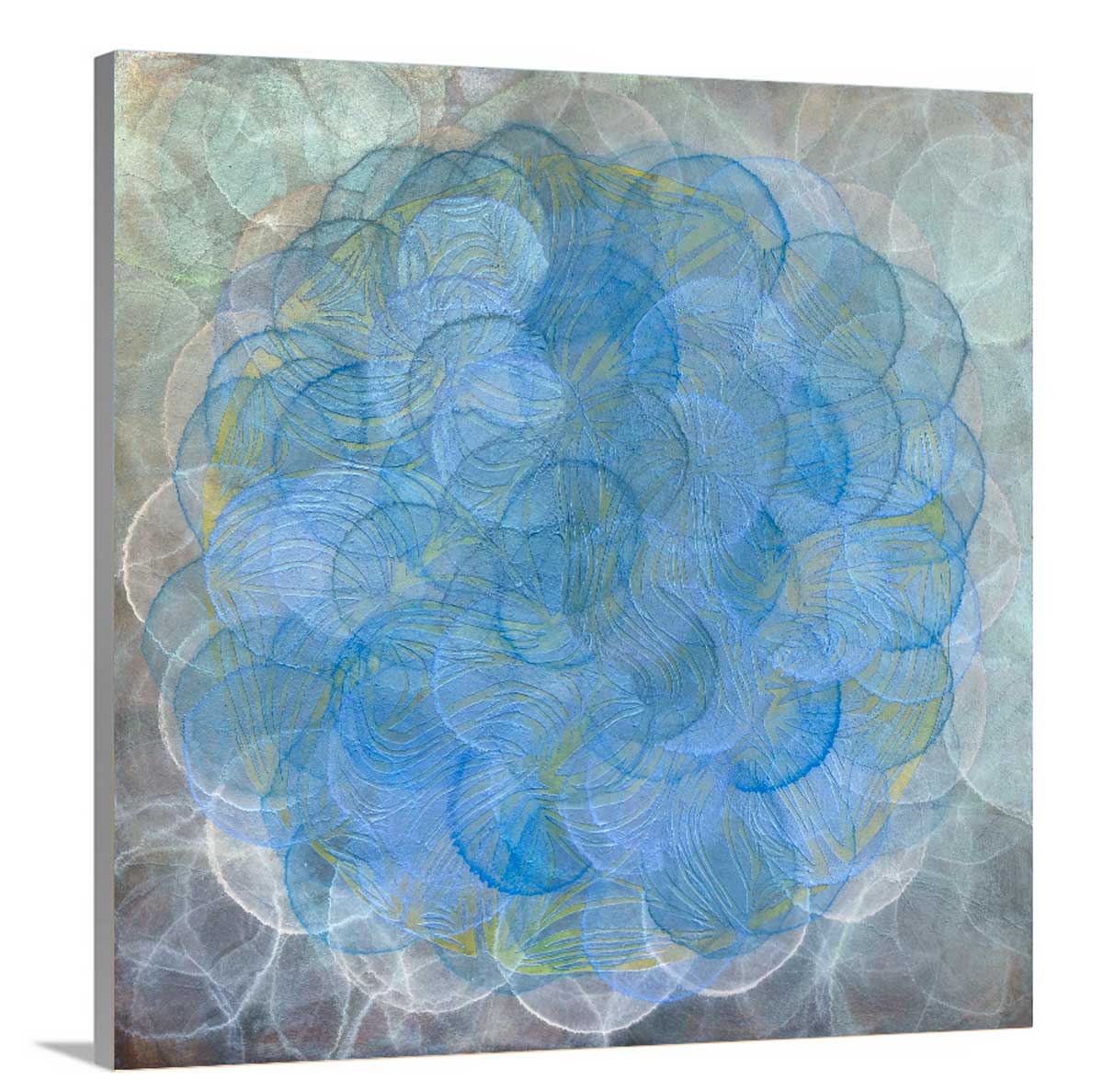 Layers of overlapping white and green iridescent circles under centralized overlapping blue circles with a pale yellow line design staged on a side angle of a canvas.