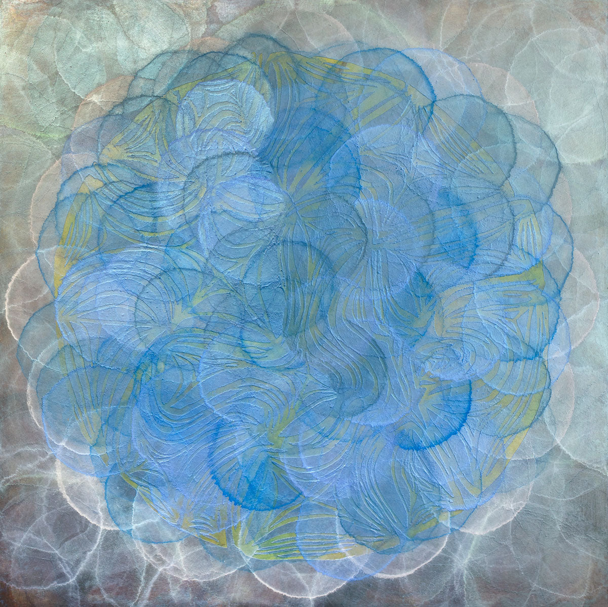 Layers of overlapping white and green iridescent circles under centralized overlapping blue circles with a pale yellow line design by Roger Mudre.