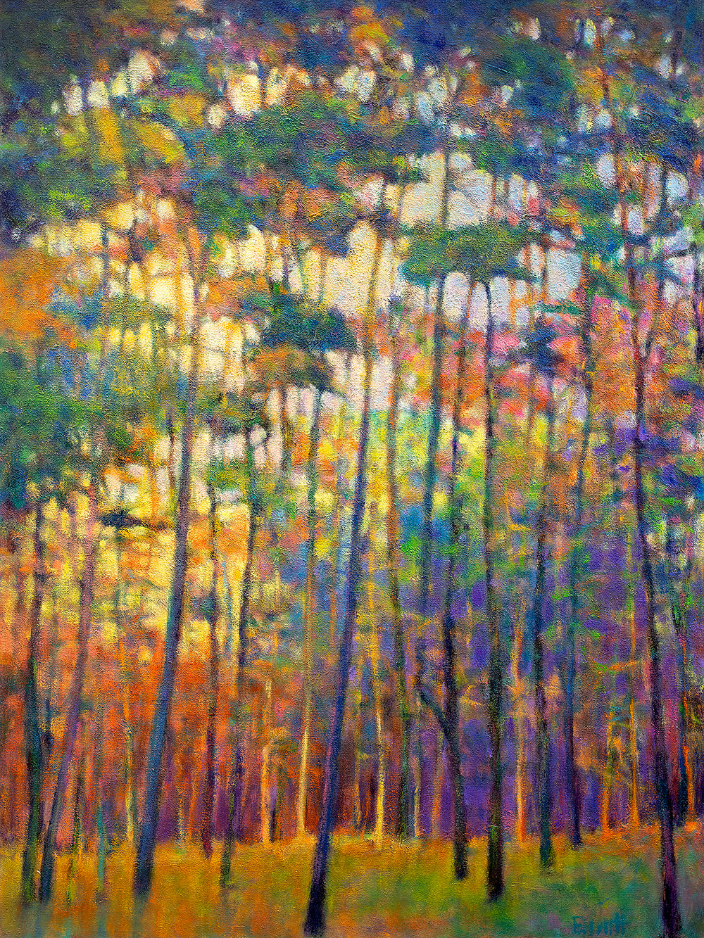 A multicolored abstract tree landscape print by Ken Elliott.