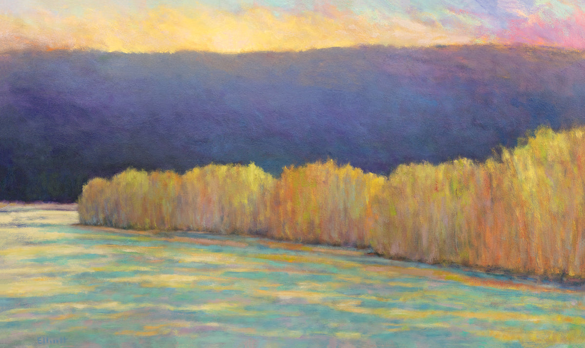 A purple, yellow, orange and blue abstract landscape print by Ken Elliott.