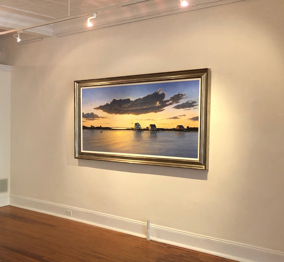 "Golden Meadows" framed and hung on a white gallery wall. The photo is taken from the right side of the painting.